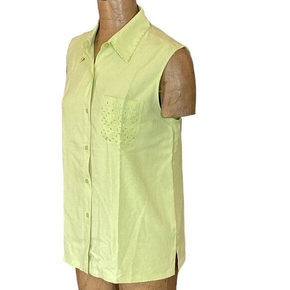 Silkland 100% Silk Sleeveless Button Up Top Beaded Sz L Pastel Lime Green 283D - Picture 4 of 7